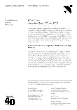 Alfredo Jaar Hasselblad Award Winner 2020