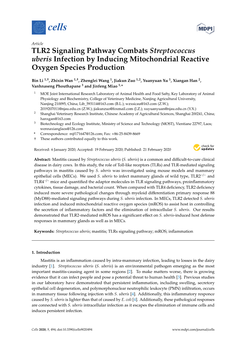 TLR2 Signaling Pathway Combats Streptococcus Uberis Infection by Inducing Mitochondrial Reactive Oxygen Species Production