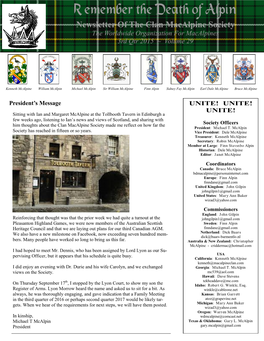 Newsletter of the Clan Macalpine Society the Worldwide Organization for Macalpines 3Rd Qtr 2015 ~ Volume 29