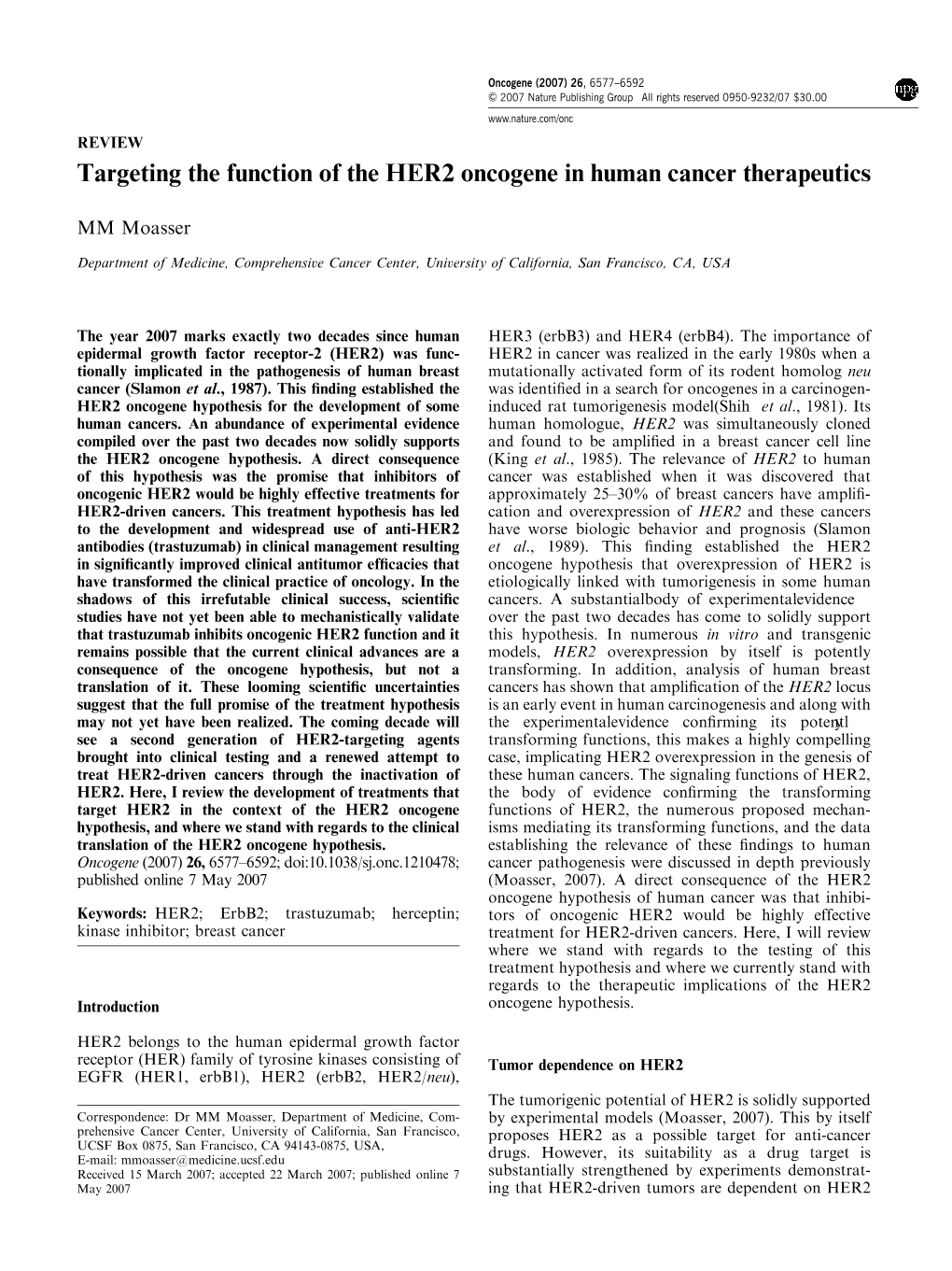 Targeting the Function of the HER2 Oncogene in Human Cancer Therapeutics