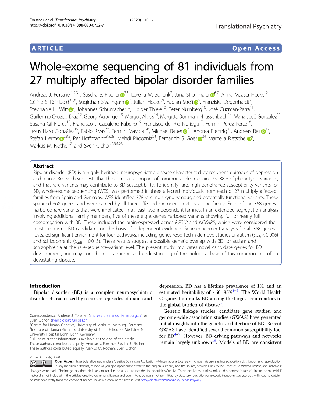Whole-Exome Sequencing of 81 Individuals from 27 Multiply Affected Bipolar Disorder Families Andreas J