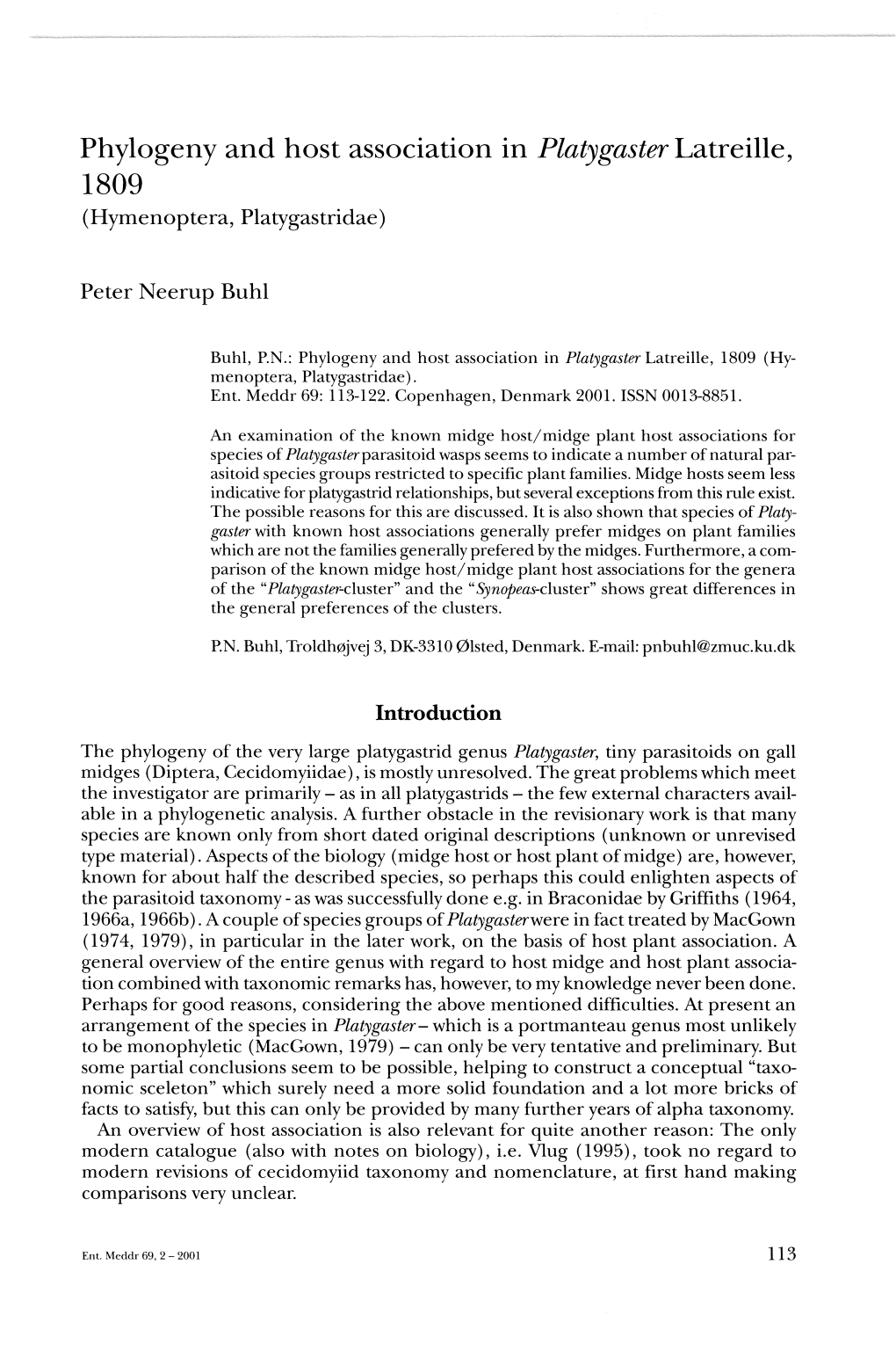 Phylogeny and Host Association in Platygaster Latreille, 1809 (Hymenoptera, Platygastridae)