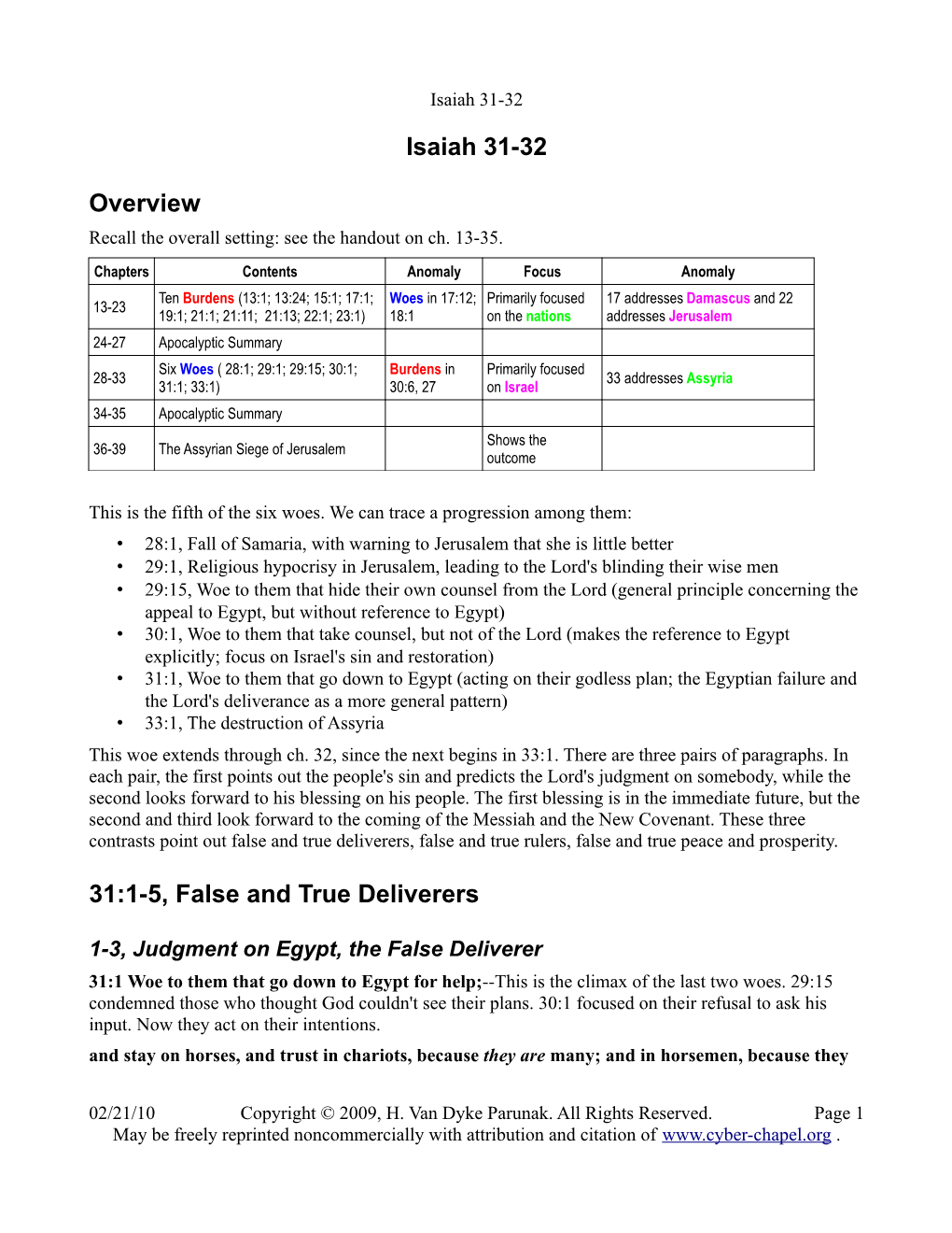 Isaiah 31-32 Overview 31:1-5, False and True Deliverers