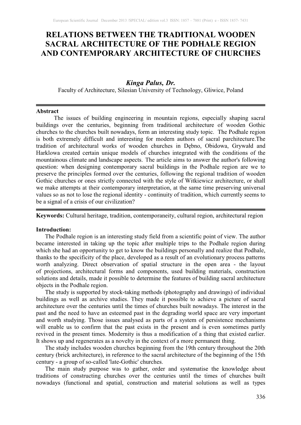 Relations Between the Traditional Wooden Sacral Architecture of the Podhale Region and Contemporary Architecture of Churches