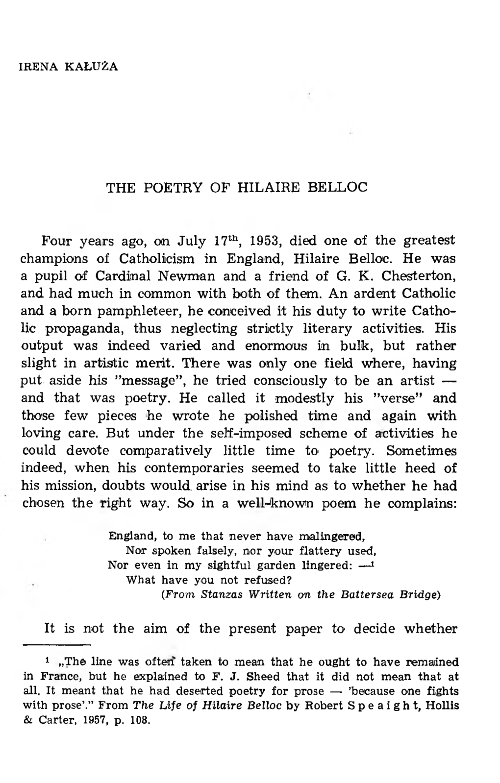 THE POETRY of HILAIRE BELLOC Four Years Ago, on July 17Th, 1953