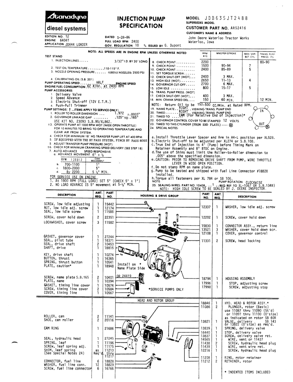 Diesel Systems INJECTION PUMP SPECIFICATION