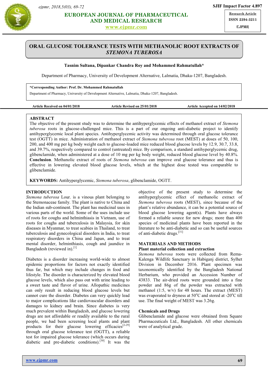 Oral Glucose Tolerance Tests with Methanolic Root Extracts of Stemona Tuberosa