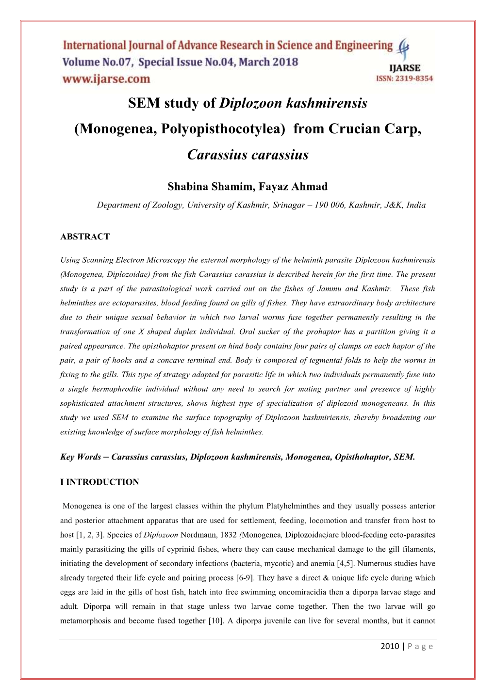 SEM Study of Diplozoon Kashmirensis (Monogenea, Polyopisthocotylea) from Crucian Carp, Carassius Carassius