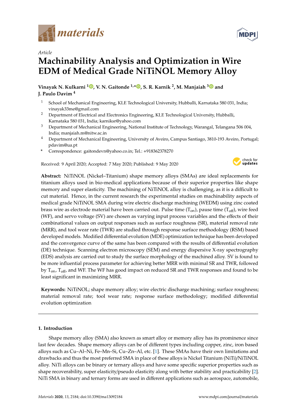 Machinability Analysis and Optimization in Wire EDM of Medical Grade Nitinol Memory Alloy