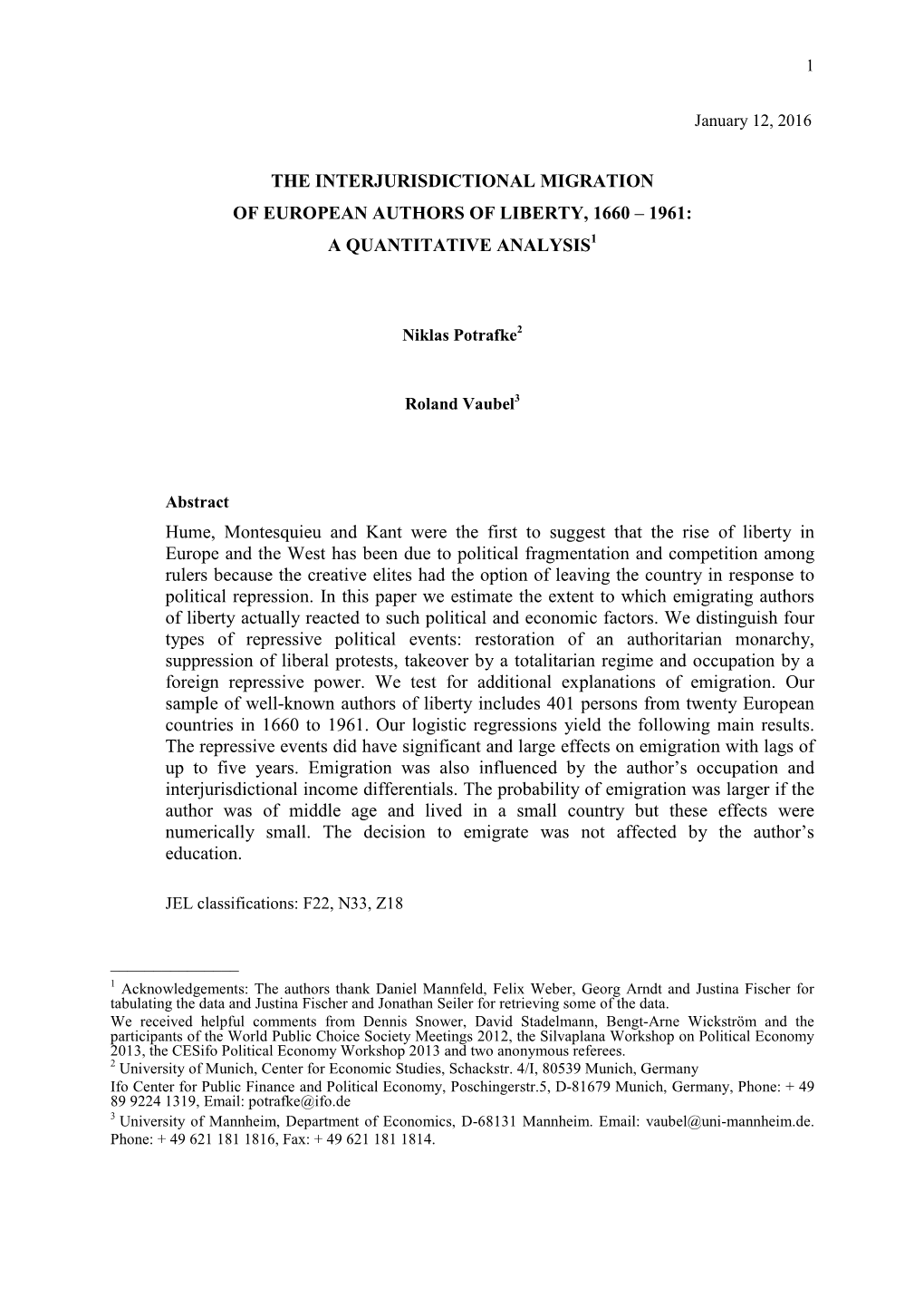 The Interjurisdictional Migration of European Authors of Liberty, 1660 – 1961: a Quantitative Analysis1