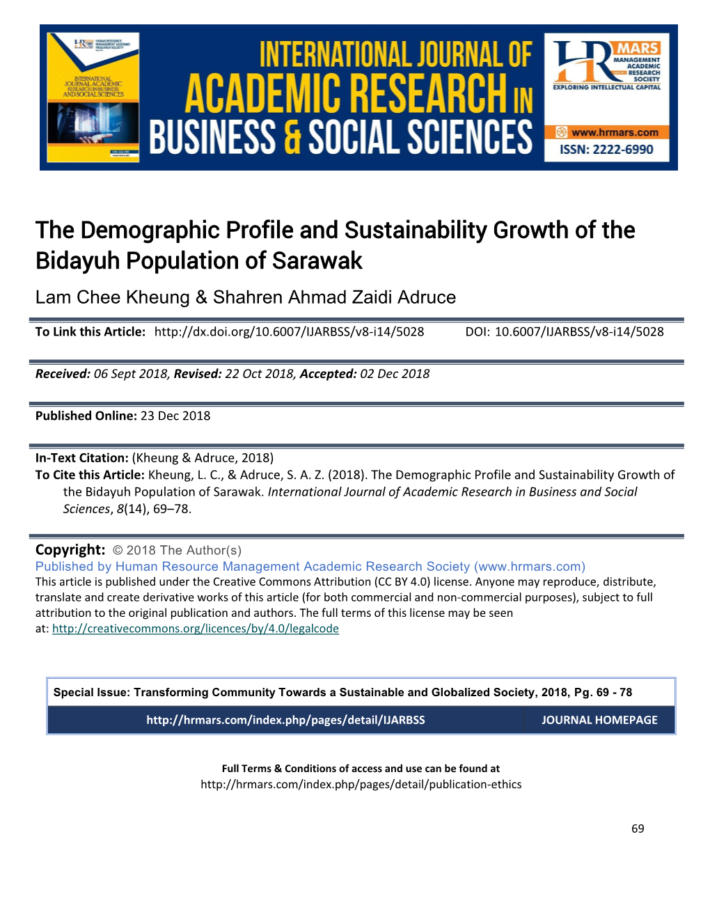 The Demographic Profile and Sustainability Growth of the Bidayuh Population of Sarawak