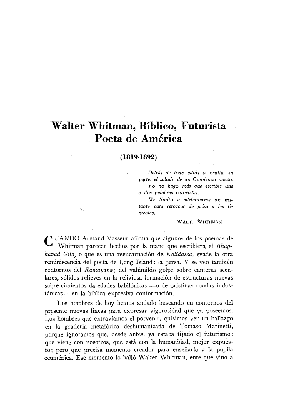 Walter Whitman, Biblico, Futurista Poeta De America