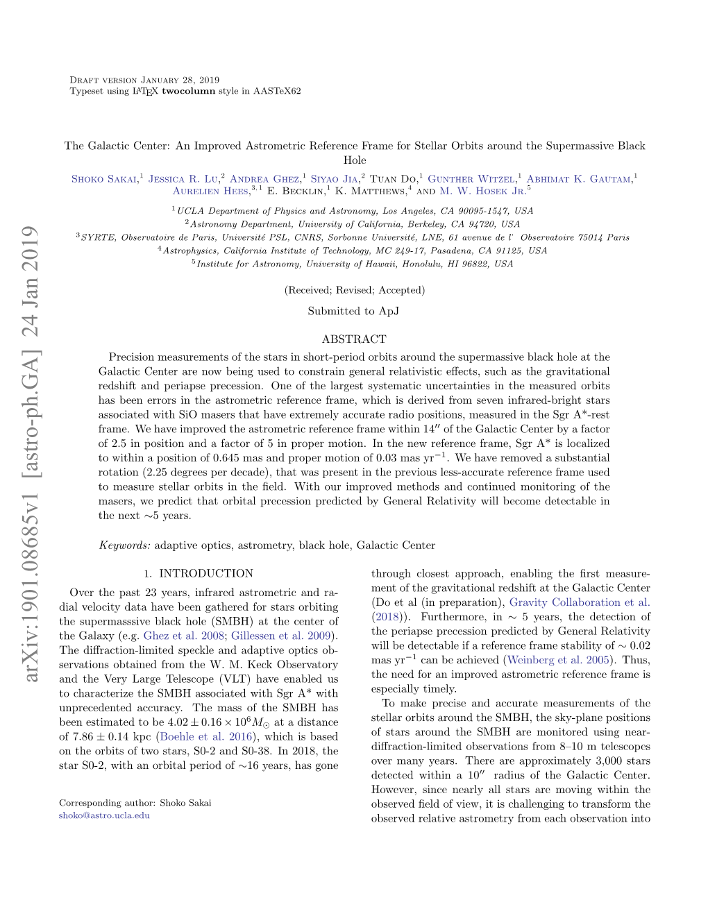 Galactic Center: an Improved Astrometric Reference Frame for Stellar Orbits Around the Supermassive Black Hole Shoko Sakai,1 Jessica R