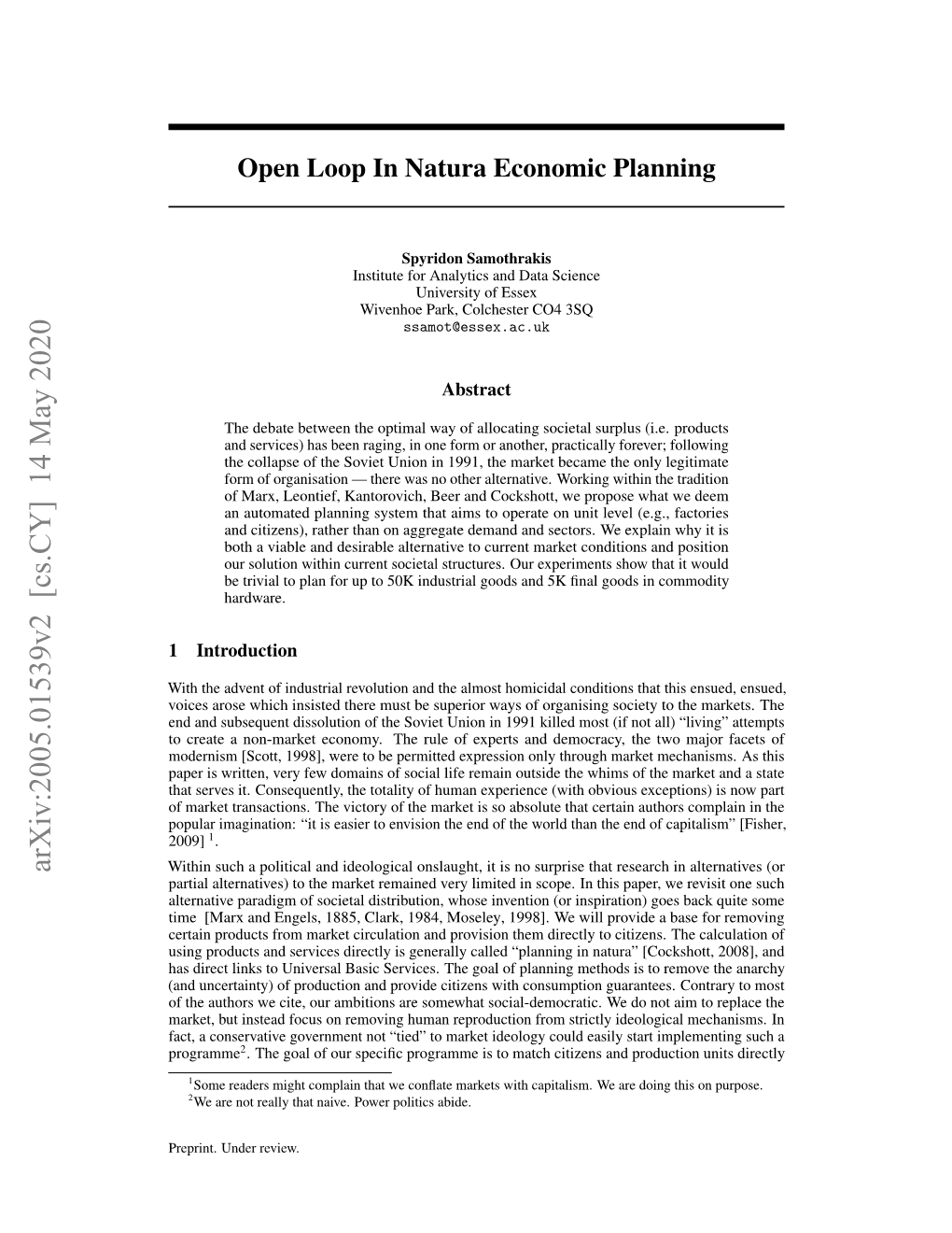Open Loop in Natura Economic Planning