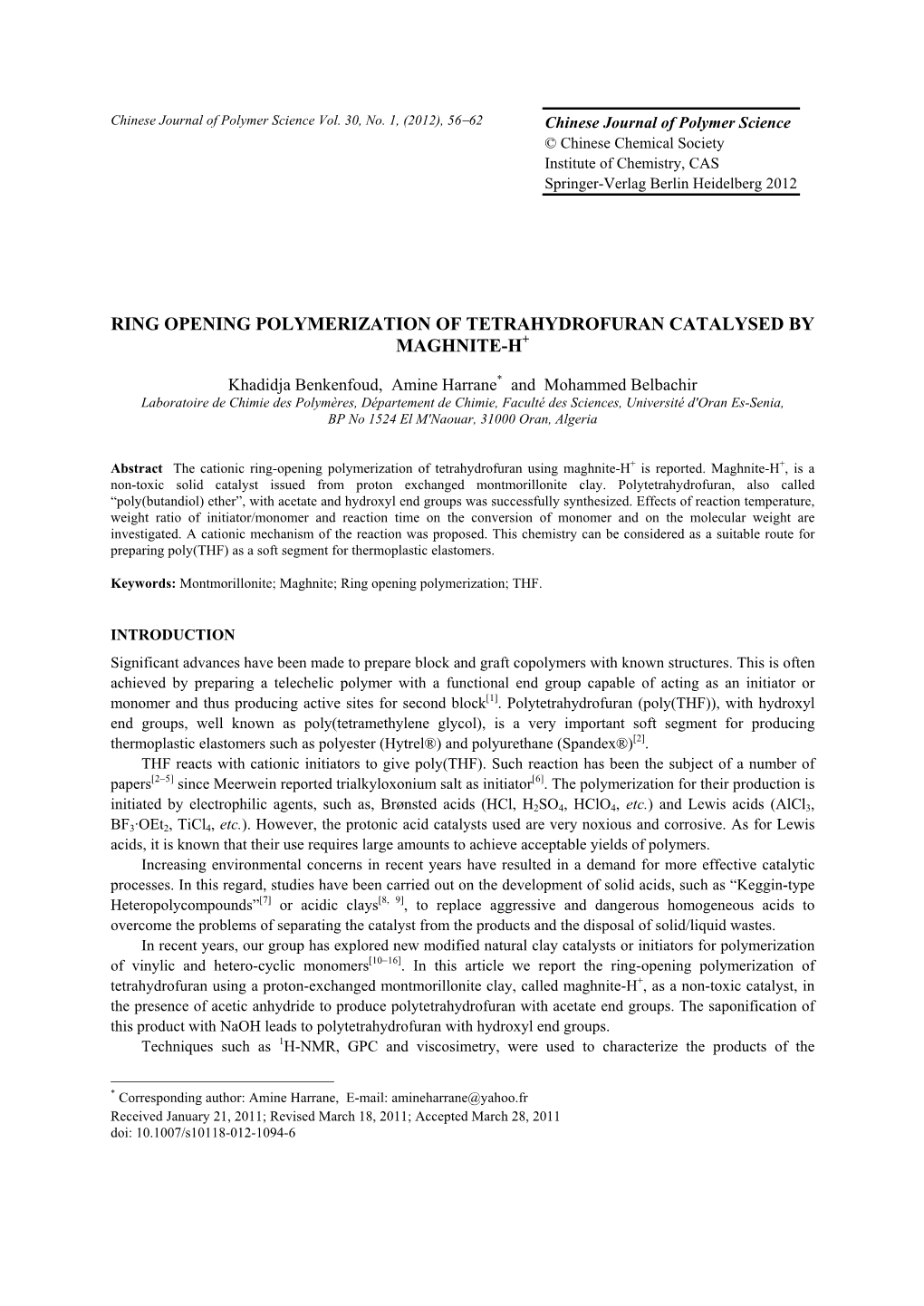 Ring Opening Polymerization of Tetrahydrofuran Catalysed by Maghnite-H+