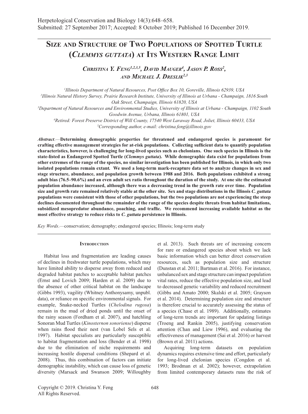 Size and Structure of Two Populations of Spotted Turtle (Clemmys Guttata) at Its Western Range Limit