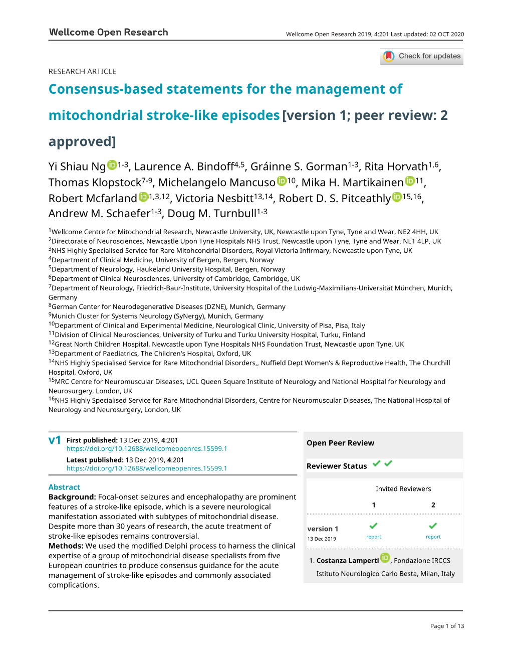 Consensus-Based Statements for the Management of Mitochondrial Stroke-Like Episodes[Version 1; Peer Review: 2 Approved]