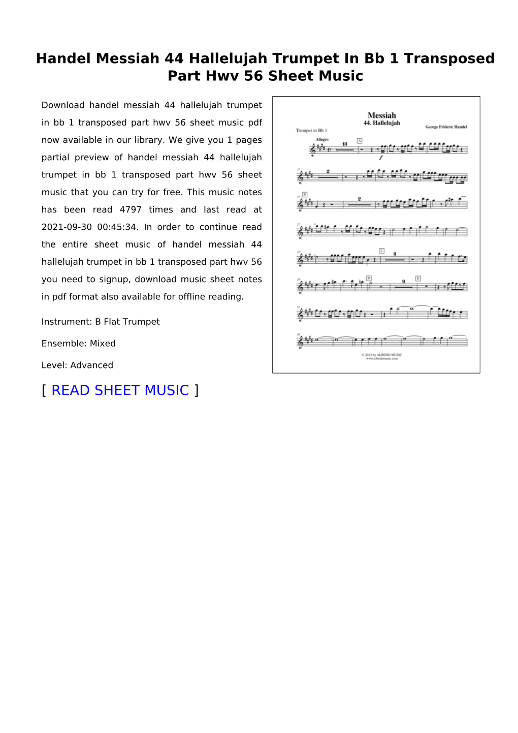 Handel Messiah 44 Hallelujah Trumpet in Bb 1 Transposed Part Hwv 56 Sheet Music