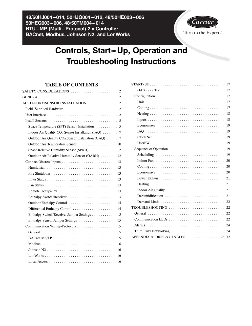 Controls, Start---Up, Operation and Troubleshooting Instructions