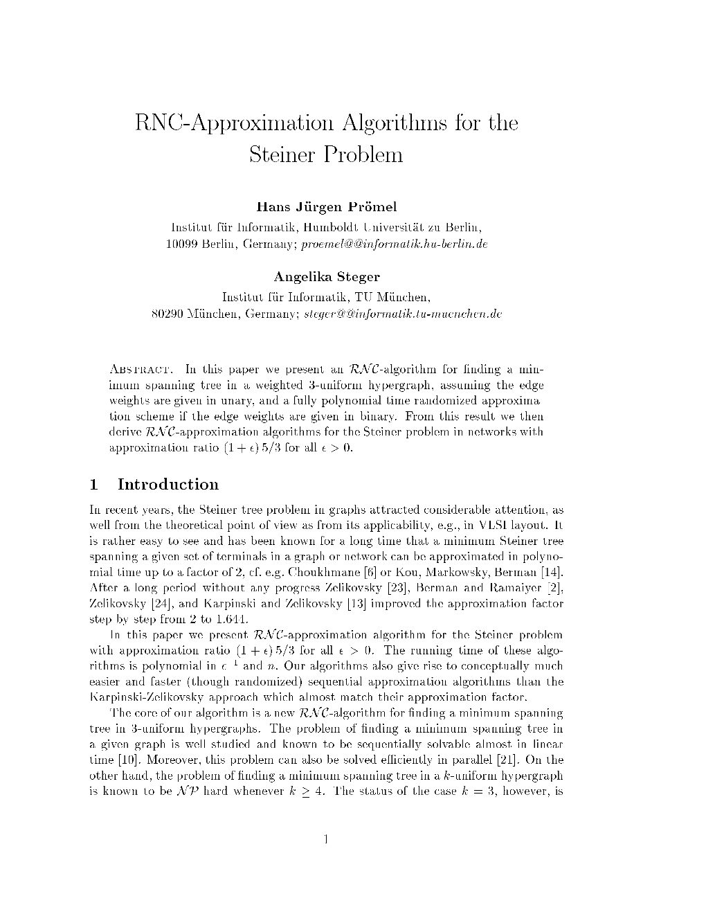 RNC-Approximation Algorithms for the Steiner Problem