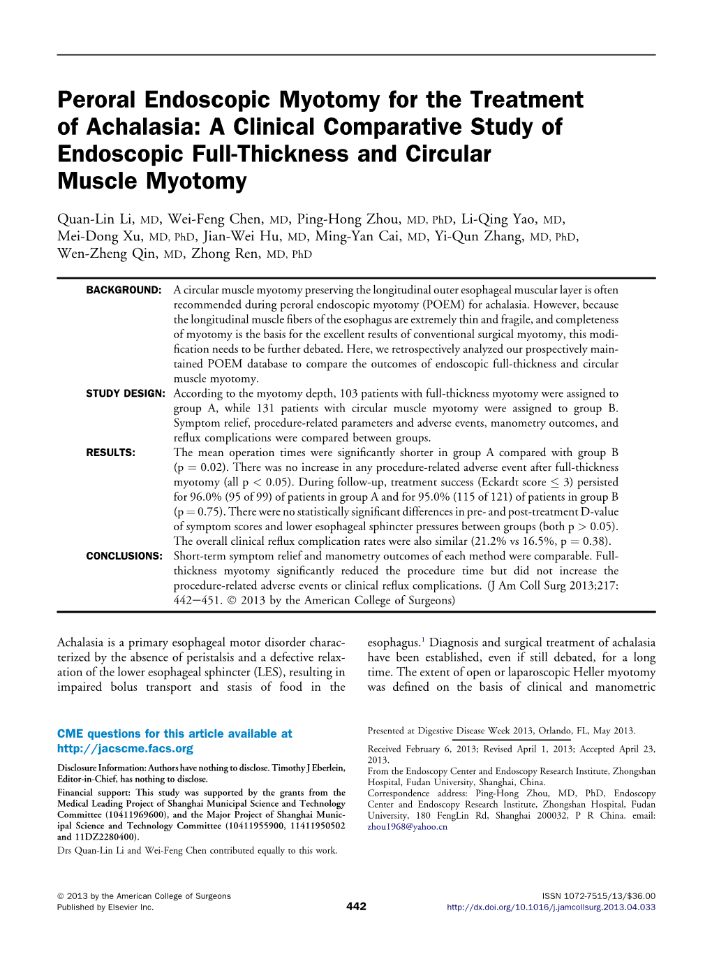 Peroral Endoscopic Myotomy for the Treatment of Achalasia: a Clinical Comparative Study of Endoscopic Full-Thickness and Circular Muscle Myotomy