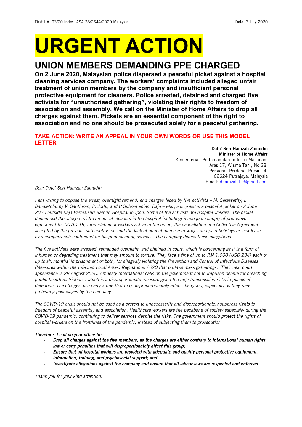 URGENT ACTION UNION MEMBERS DEMANDING PPE CHARGED on 2 June 2020, Malaysian Police Dispersed a Peaceful Picket Against a Hospital Cleaning Services Company