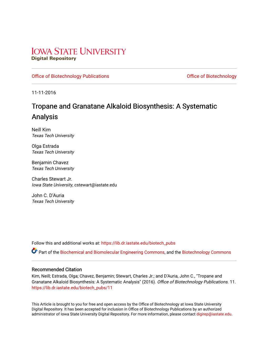 Tropane and Granatane Alkaloid Biosynthesis: a Systematic Analysis