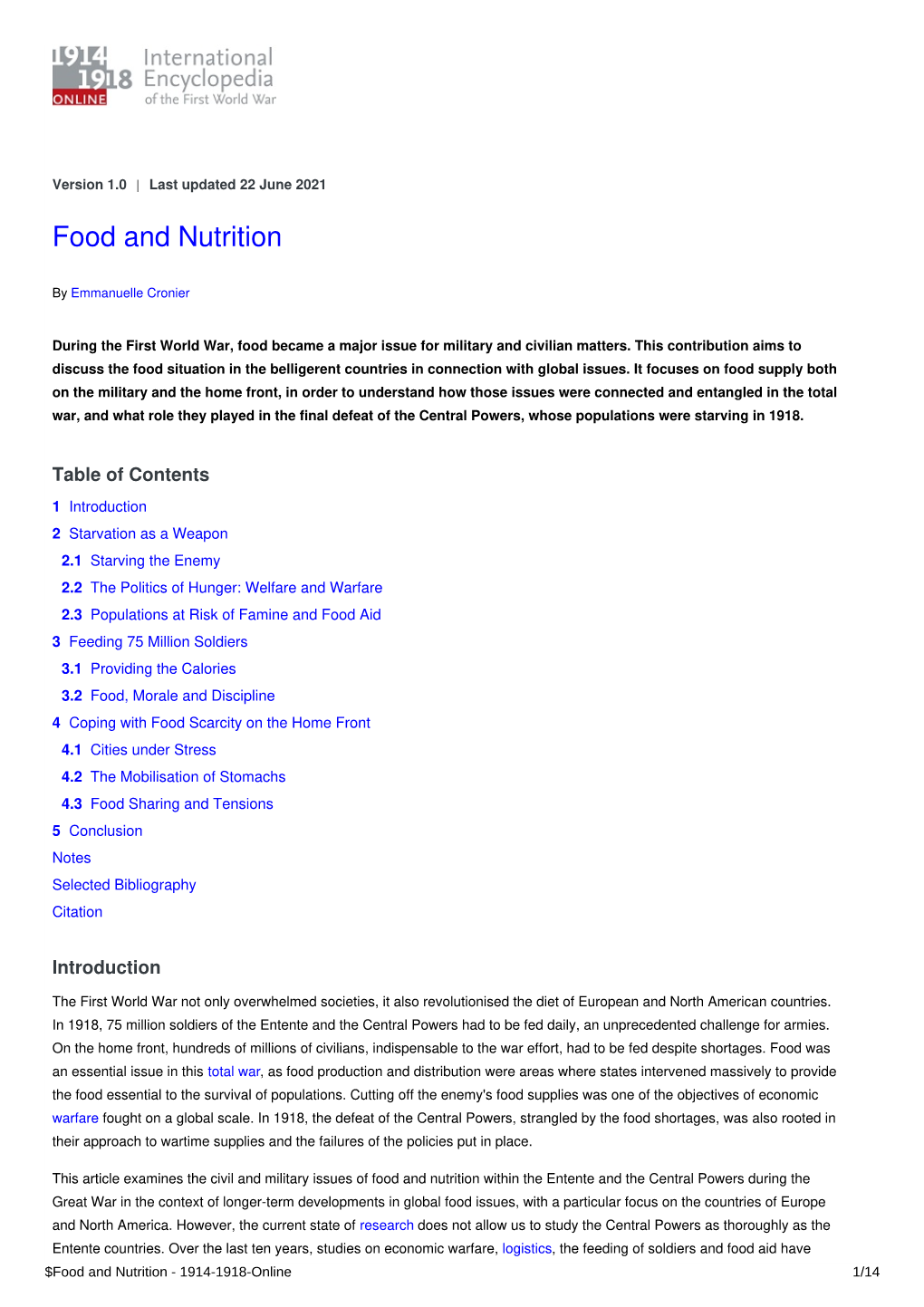 Food and Nutrition | International Encyclopedia of the First World War