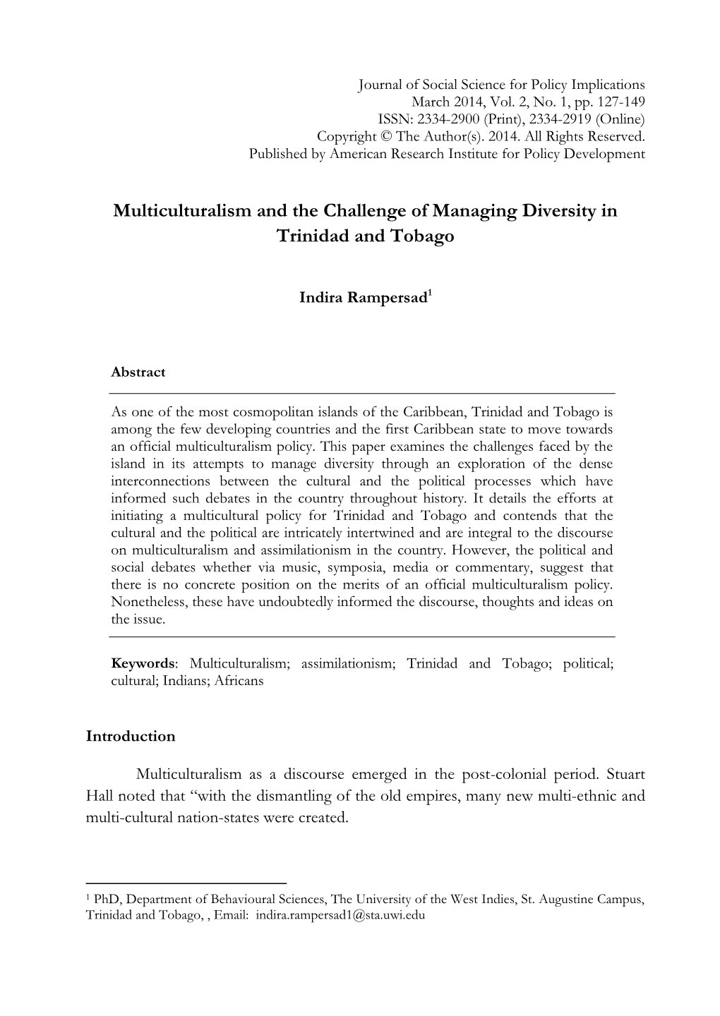 Multiculturalism and the Challenge of Managing Diversity in Trinidad and Tobago
