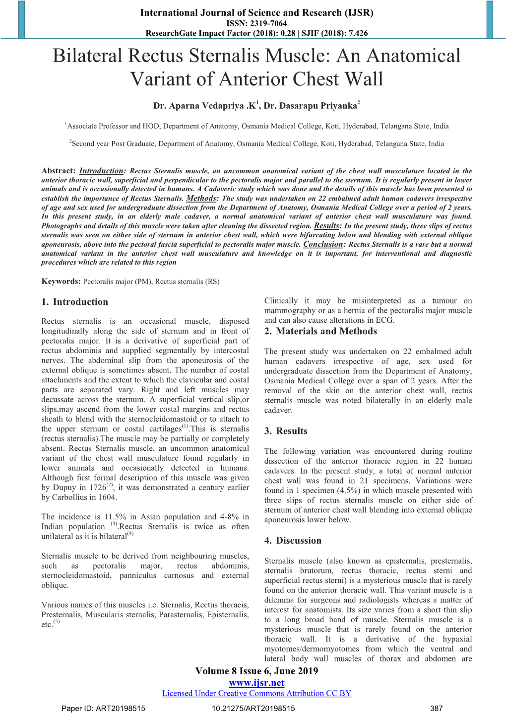 Bilateral Rectus Sternalis Muscle: an Anatomical Variant of Anterior Chest Wall