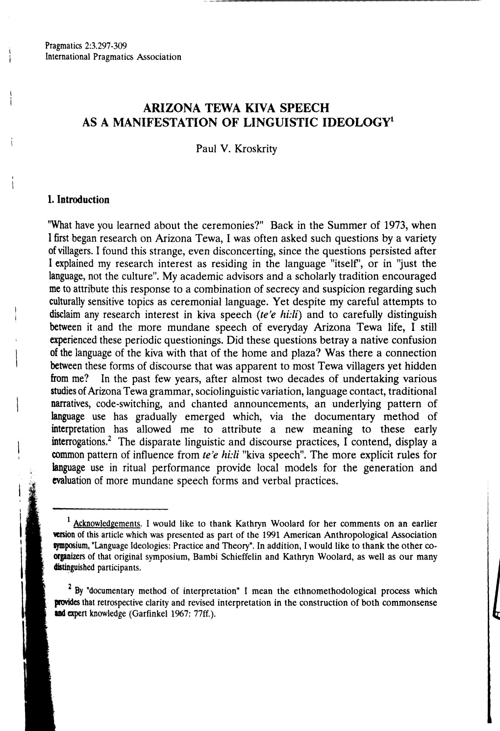 Arizona Tewa Kwa Speech As a Mantfestation of Linguistic Ideologyi