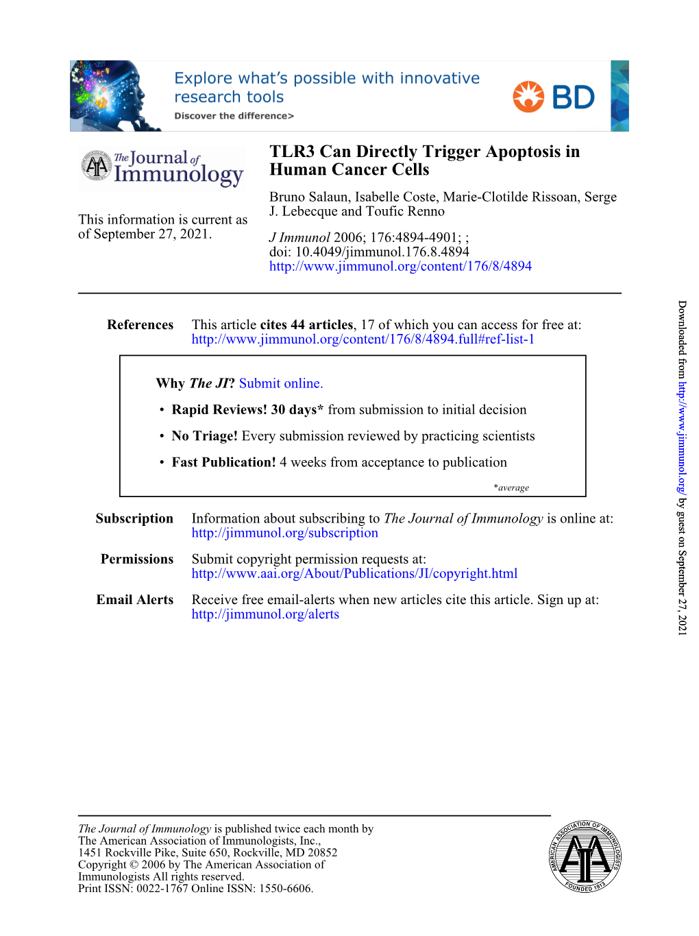 Human Cancer Cells TLR3 Can Directly Trigger Apoptosis In