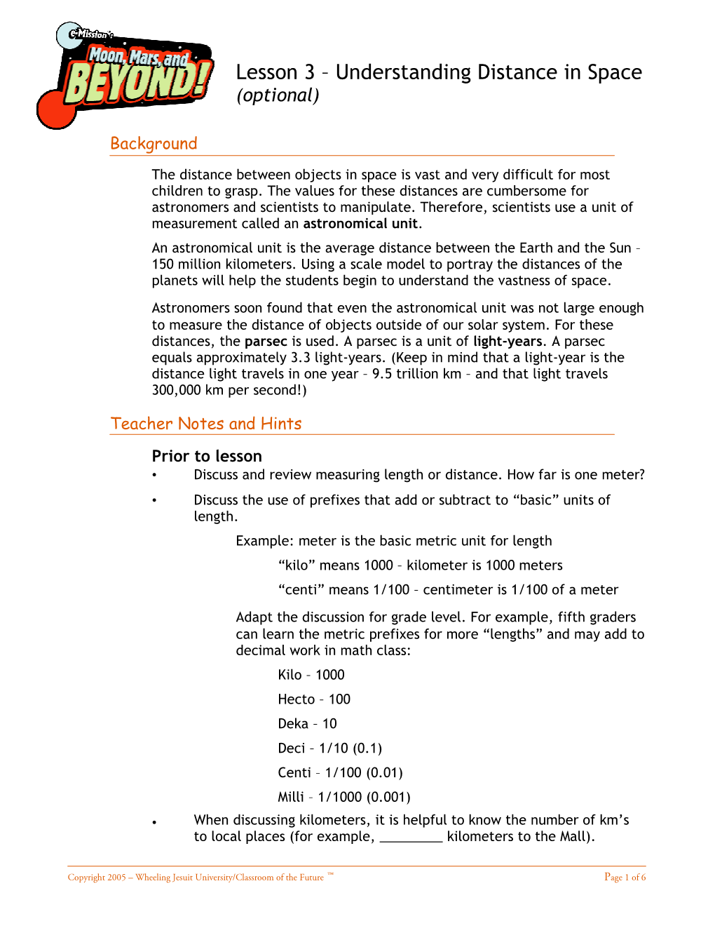 Lesson 3 – Understanding Distance in Space (Optional)