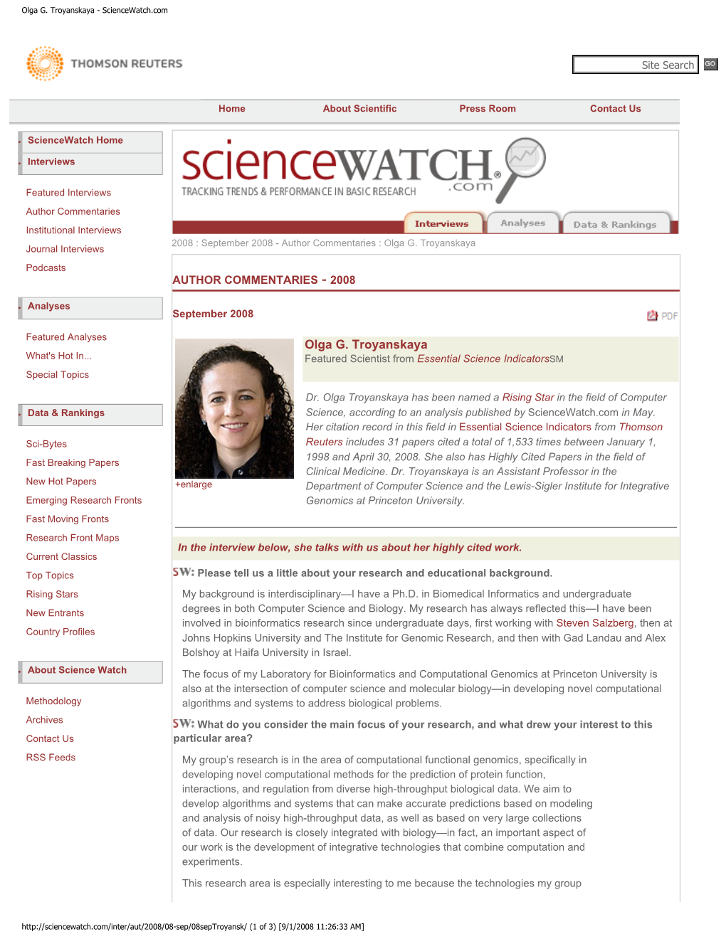 Olga G. Troyanskaya - Sciencewatch.Com