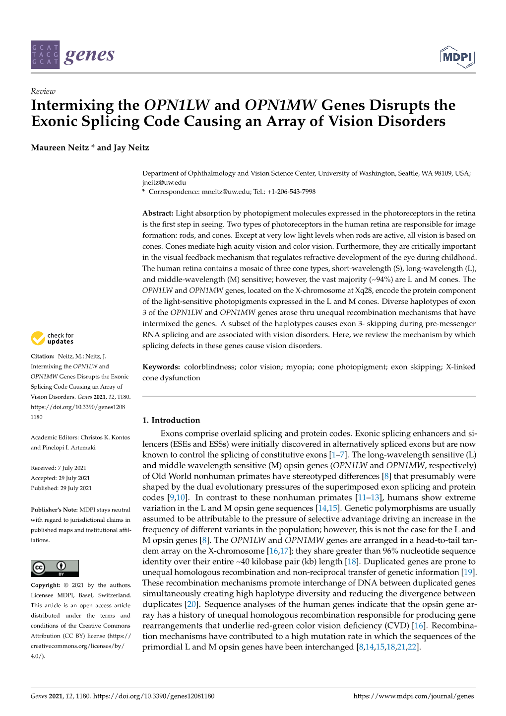 Intermixing the OPN1LW and OPN1MW Genes Disrupts the Exonic Splicing Code Causing an Array of Vision Disorders