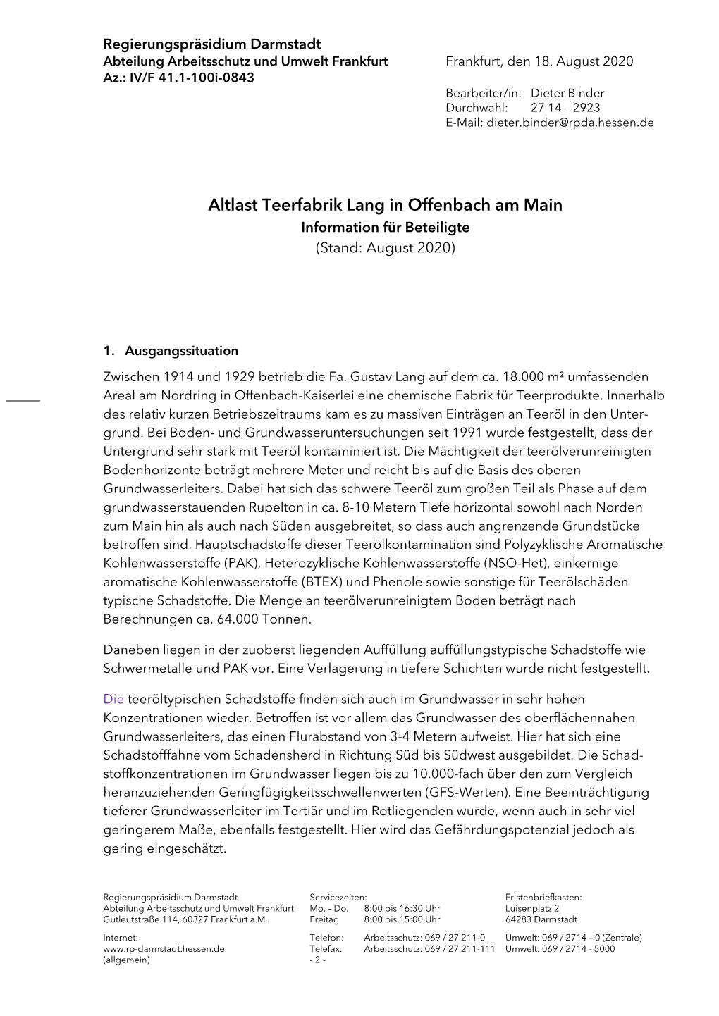 Altlast Teerfabrik Lang in Offenbach Am Main Information Für Beteiligte (Stand: August 2020)