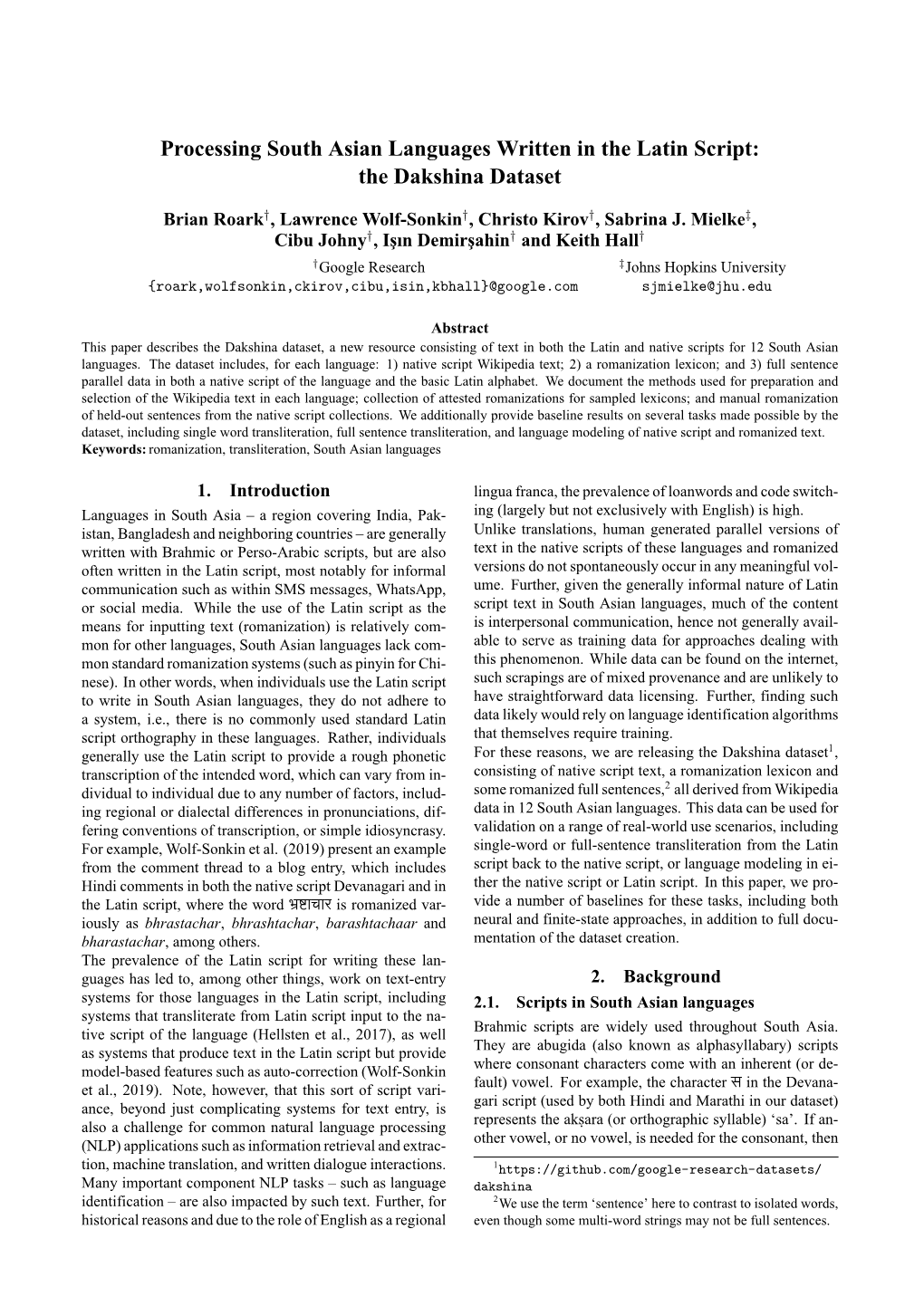 Processing South Asian Languages Written in the Latin Script: the Dakshina Dataset