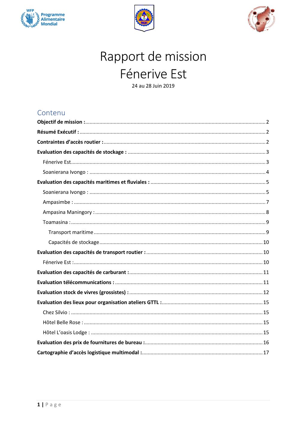 Rapport De Mission Fénerive Est 24 Au 28 Juin 2019