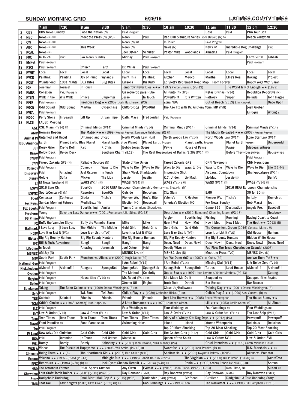 Sunday Morning Grid 6/26/16 Latimes.Com/Tv Times