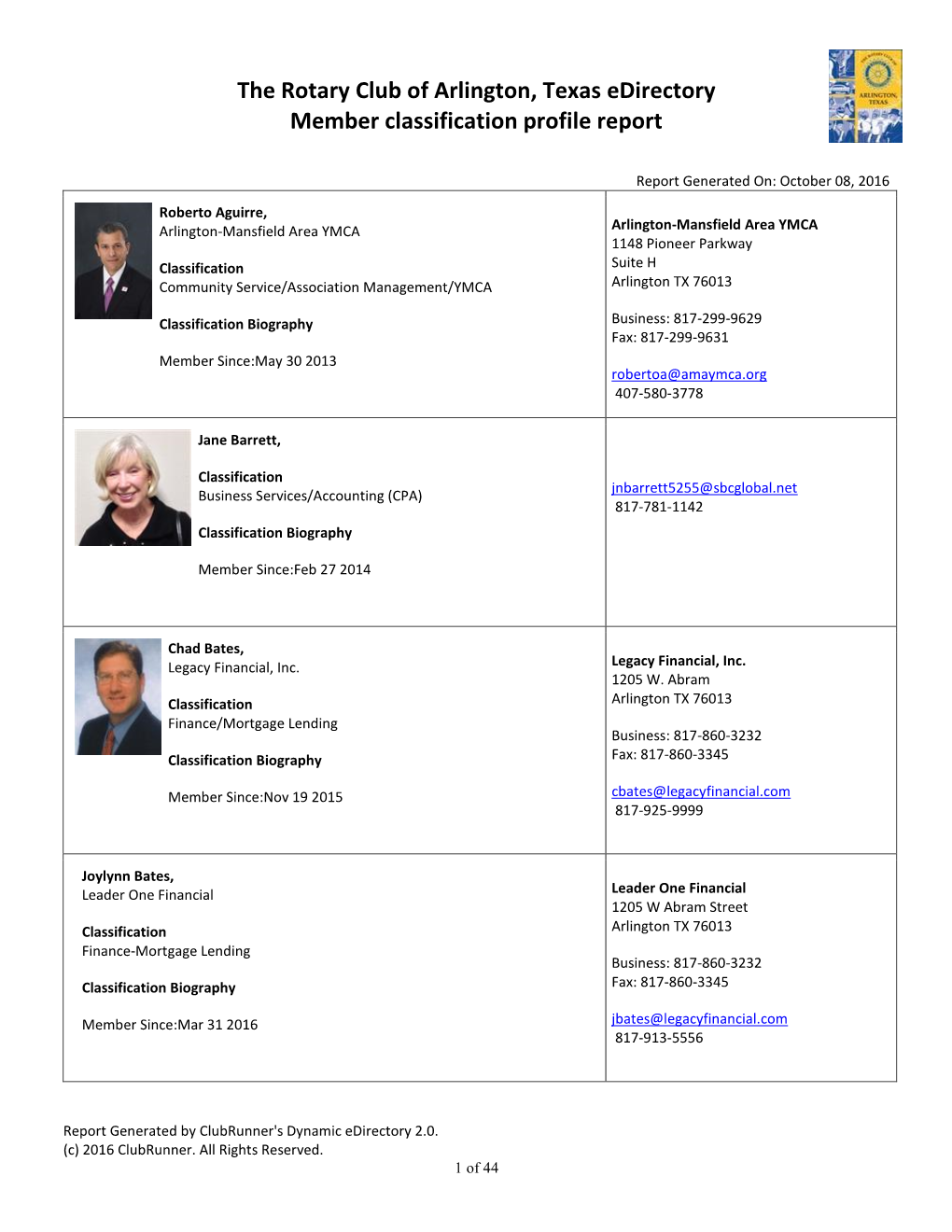 The Rotary Club of Arlington, Texas Edirectory Member Classification Profile Report