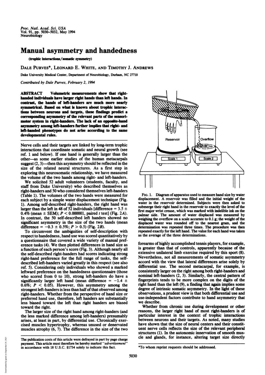 Manual Asymmetry and Handedness (Trophi Nteclon/Smt Symme-A Try) DALE PURVES*, LEONARD E