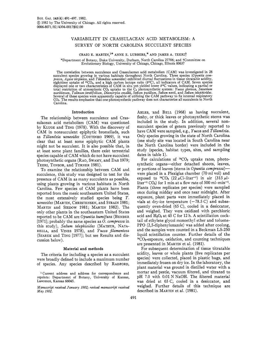Variability in Crassulacean Acid Metabolism: a Survey of North Carolina Succulent Species