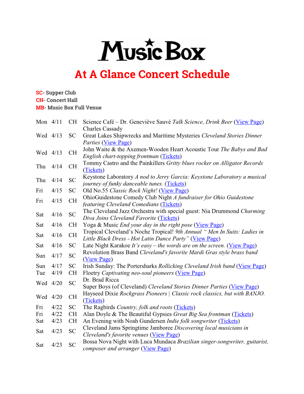 At a Glance Concert Schedule