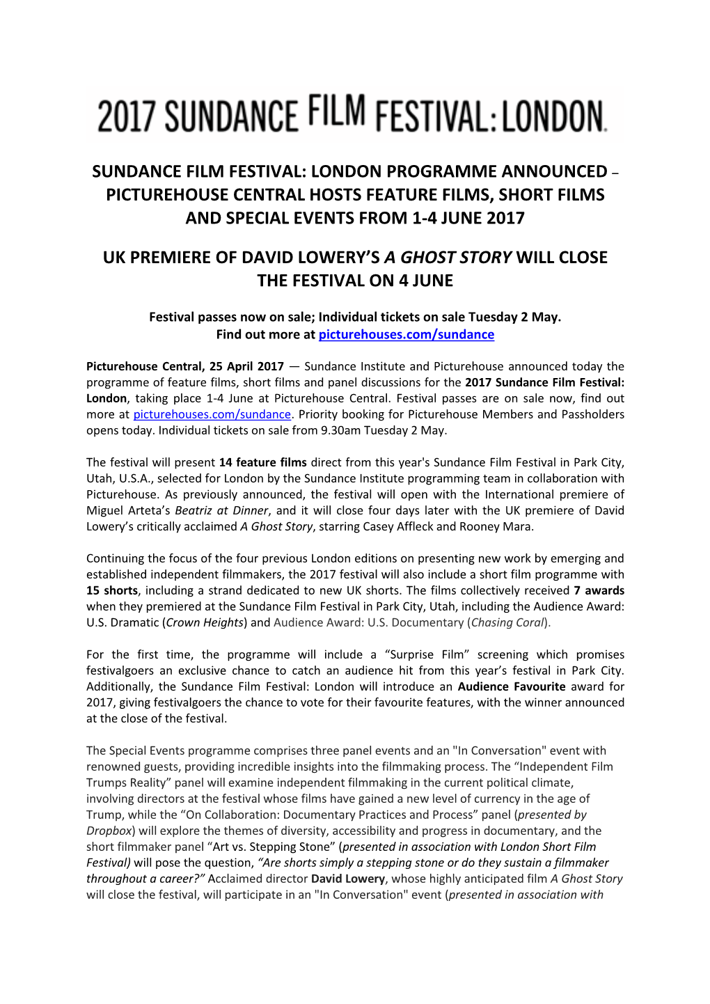 Sundance Film Festival: London Programme Announced – Picturehouse Central Hosts Feature Films, Short Films and Special Events from 1-4 June 2017