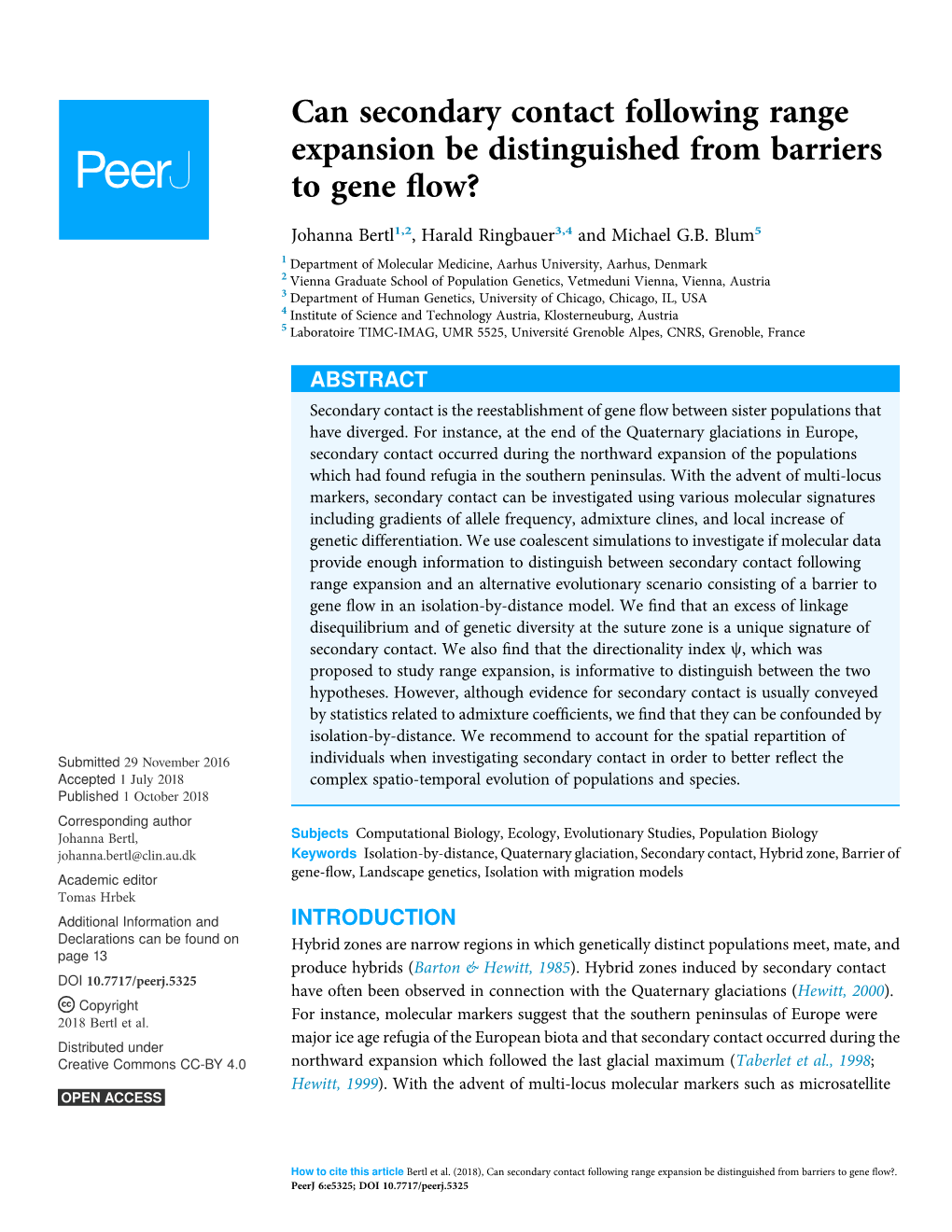 Can Secondary Contact Following Range Expansion Be Distinguished from Barriers to Gene ﬂow?