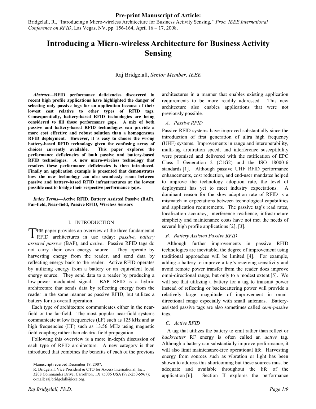 Introducing a Micro-Wireless Architecture for Business Activity Sensing,” Proc