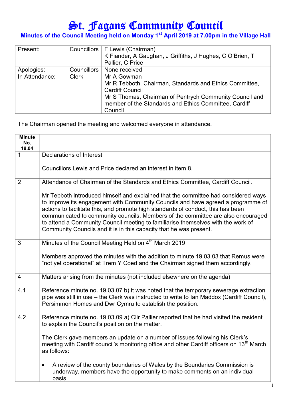 St. Fagans Community Council Minutes of the Council Meeting Held on Monday 1St April 2019 at 7.00Pm in the Village Hall