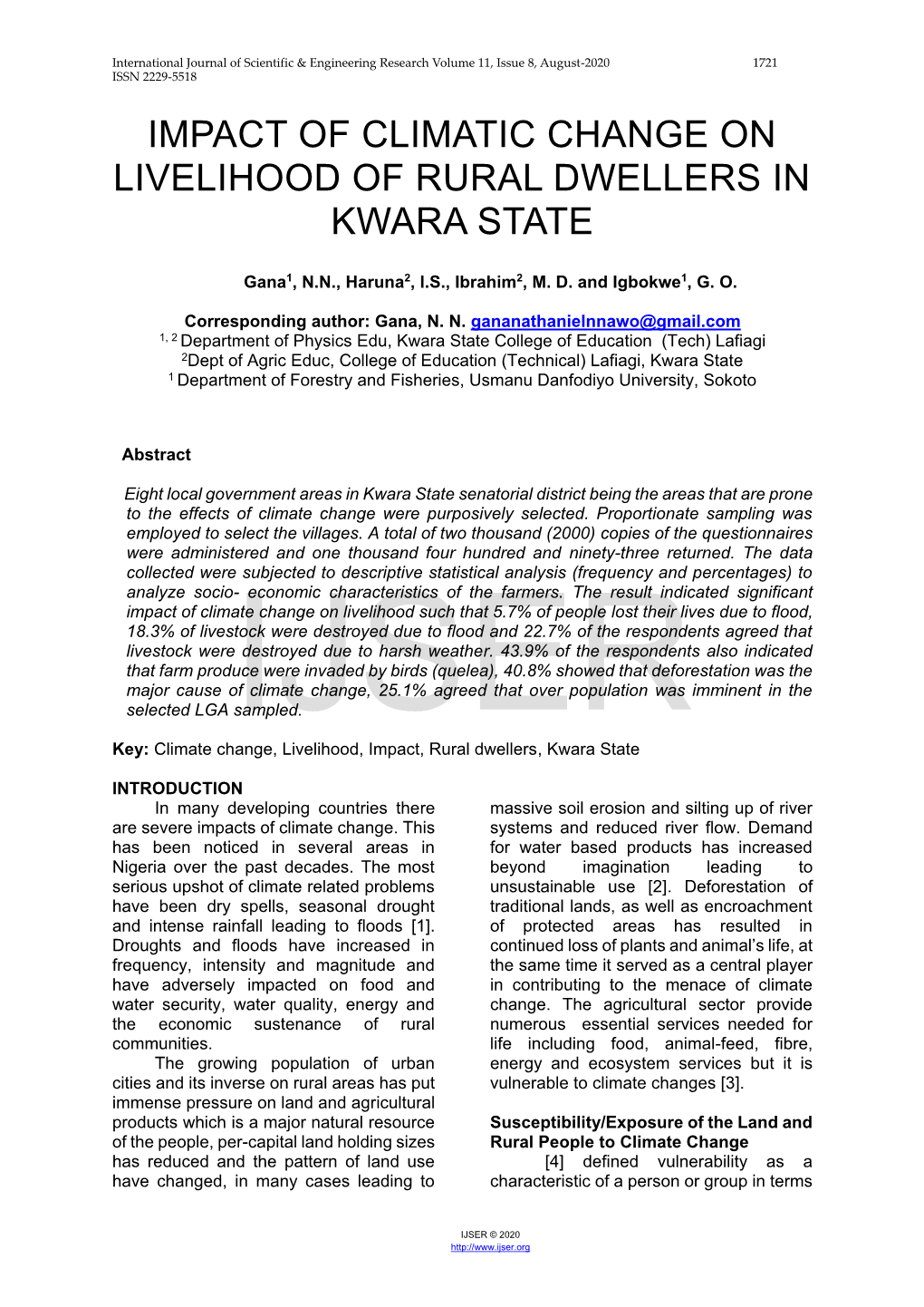 Impact of Climatic Change on Livelihood of Rural Dwellers in Kwara State