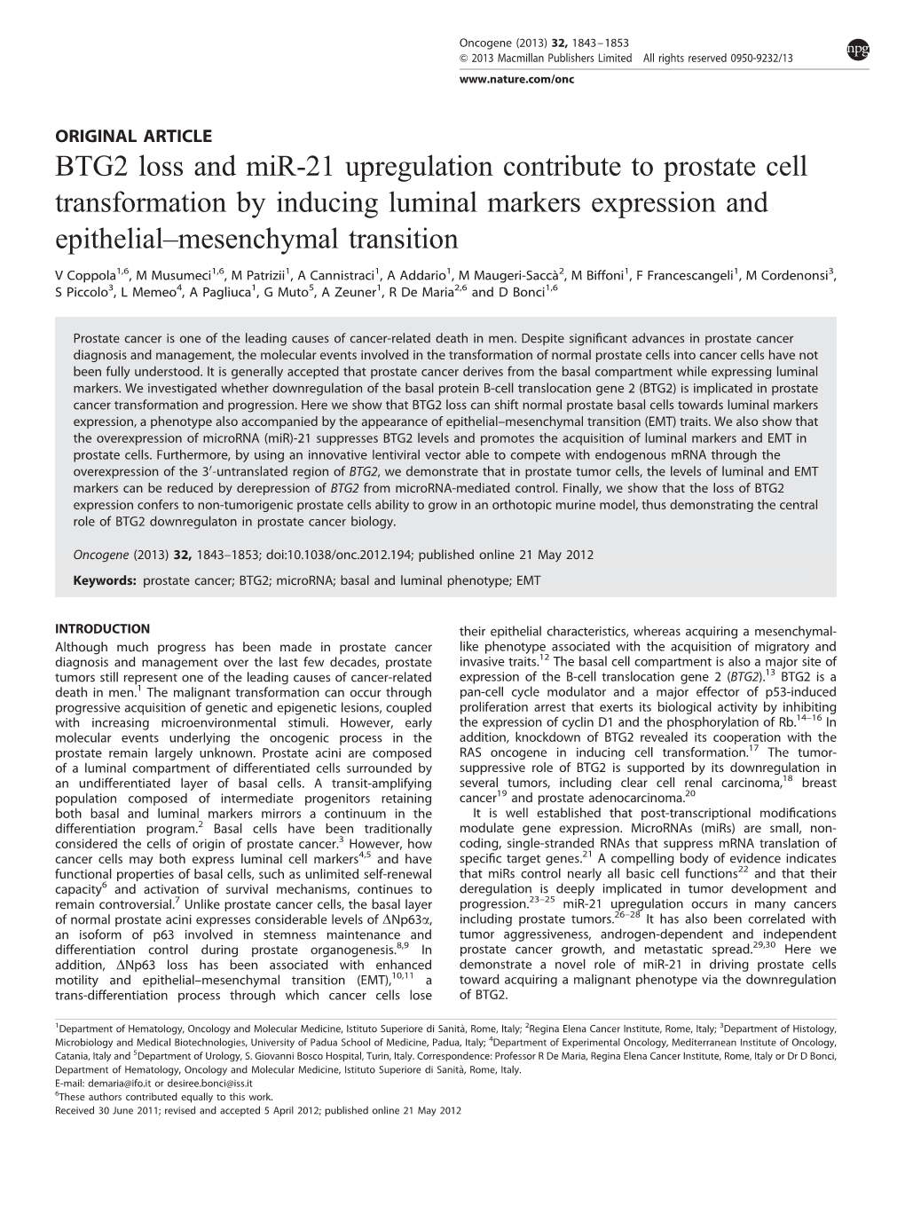 BTG2 Loss and Mir-21 Upregulation Contribute to Prostate Cell Transformation by Inducing Luminal Markers Expression and Epithelial–Mesenchymal Transition