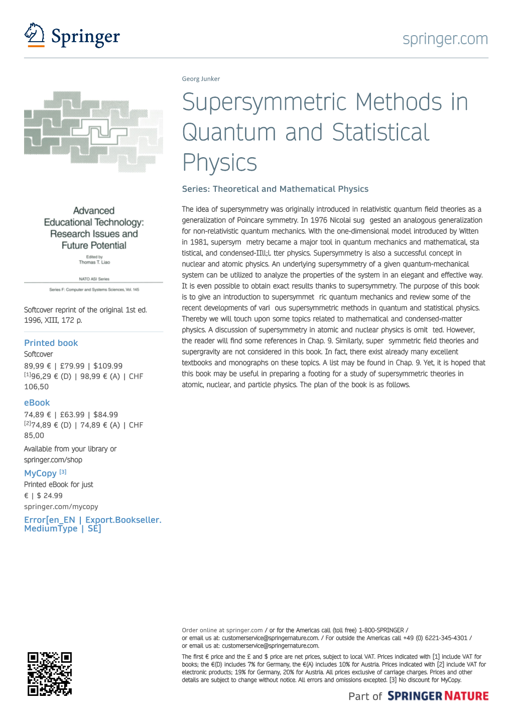 Supersymmetric Methods in Quantum and Statistical Physics Series: Theoretical and Mathematical Physics